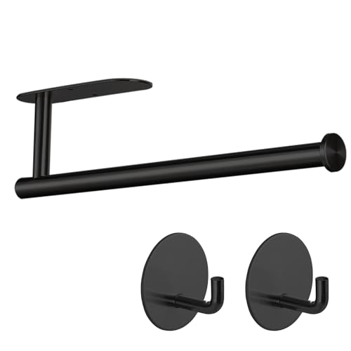 Paper Towel Holder with 2 Hooks (Black)