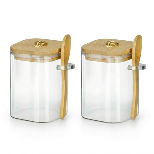 2 Pack Glass Jars with Lids and Spoons (16oz Square Glass)