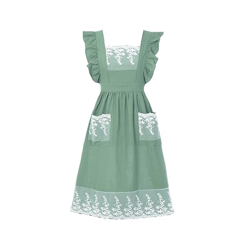 Aoomzoom Vintage Aprons for Woman with Pockets Cute Lace Ruffle Adjustable Apron for Cooking Kitchen Baking Gardening (Light Green)