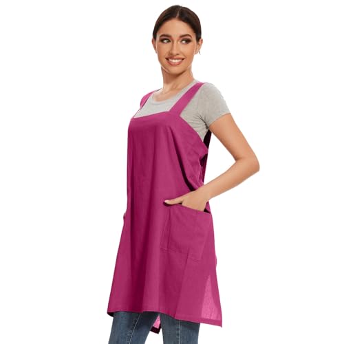 Women Cotton Linen Apron with 2 Pockets Kitchen Baking Cooking Chef Cross Back Pinafore Dress for Work Restaurant Gardening (Medium / Rose Red)