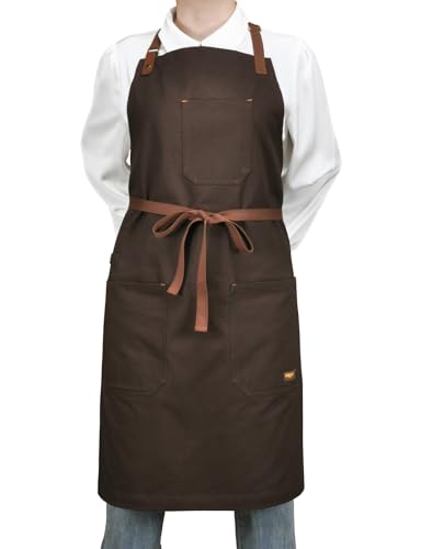 Mens Womens Kitchen Apron with Pockets & Towel Loop (Brown)