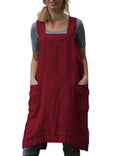 Women's Cotton Cross Back Pinafore with Big Pockets Practical Aprons for Gardening Works (Large / Wine)