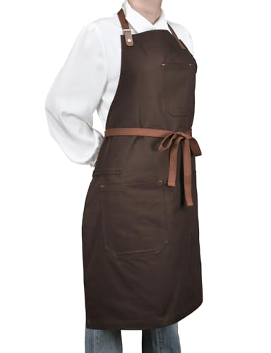 Mens Womens Kitchen Apron with Pockets & Towel Loop (Brown)