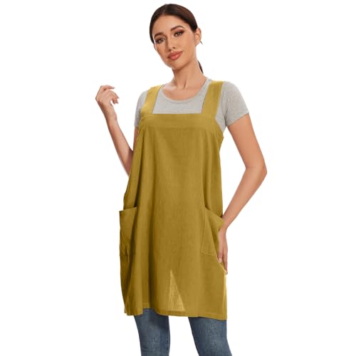 Women Apron with 2 Pockets Cotton Linen Kitchen Baking Cooking Chef Cross Back Pinafore Dress for Work Restaurant Gardening (3X-Large / Yellow)