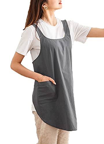 Cotton Cross Back Aprons Solid Color Cooking Kitchen Garden Smock for Women Girls with Pockets (Darkgrey / 37W x 32L)