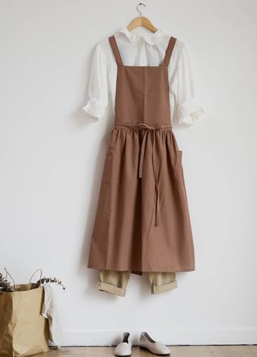 Japanese Cotton Linen Cross Back Work Apron for Women with Pockets Pinafore Dress Smock (01-khaki)
