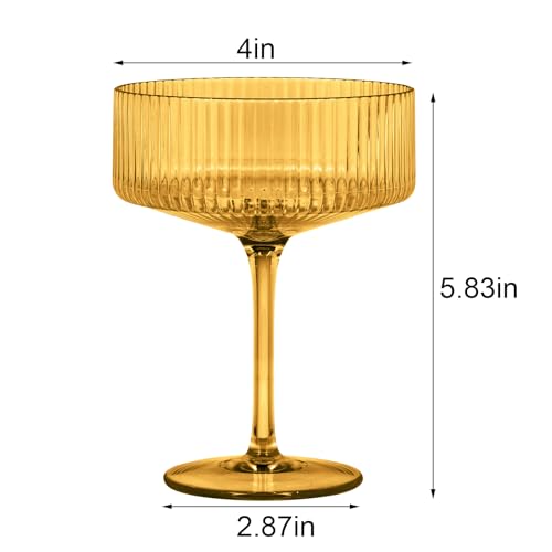 24 Pieces Martini Glasses 10.5oz Plasitc Ribbed Coupe Glasses Champagne Shatterproof Acrylic Vintage Cocktail Glassware Margarita Wine Glasses Disposable Cups for Parties Wedding Anniversary Bar Amber (Amber / 24 PCS)