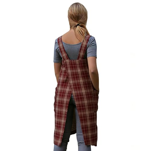 Women's Pinafore Square Apron Baking Cooking Gardening Works Cross Back Cotton (Large / Gingham-red)