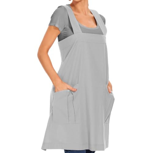 Women's Cotton Cross Back Apron Pinafore Dress with Big Pockets Loose Square Apron for Baking Cooking Gardening (Light Grey / Small)