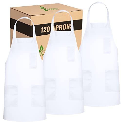 120 Pack Chef Apron with Pockets (White 3 Pocket 120 Pack)