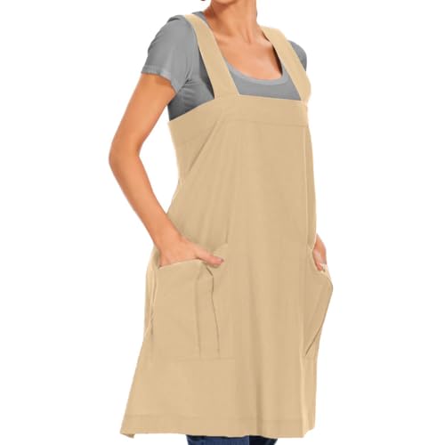 Women's Cotton Cross Back Apron Pinafore Dress with Big Pockets Loose Square Apron for Baking Cooking Gardening (Apricot / Small)