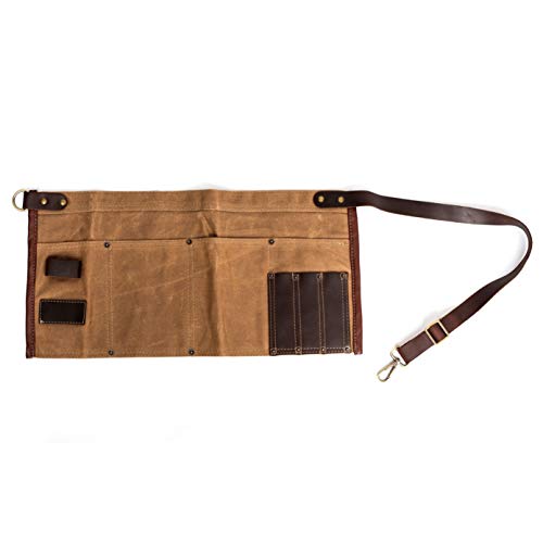 Waterproof Waxed Canvas Tool Apron With the Adjustable Genuine Leather Belt (Khaki)