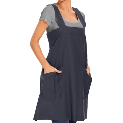 Women Cotton Cross Back Apron Casual Pinafore Dress with Big Pockets Loose Square Apron for Baking Cooking Gardening (Dark Grey / X-Large)