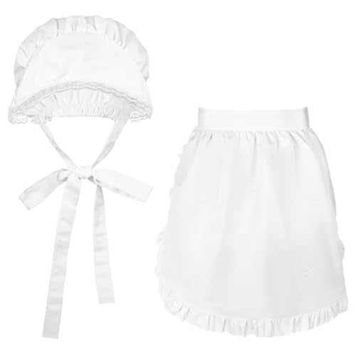 2pcs White Mob Cap Half Apron Halloween Colonial Costume Set Women Pilgrim Costume Accessories for Maid Girl Cosplay (Style 1)