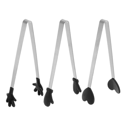Mini Food Tongs 5.5" Pattern Shape Stainless Steel with Silicon Tips Small Cooking Tongs Kitchen Food Tongs Serving Tongs for Cooking Grilling BBQ Barbecue Kitchen (Black)