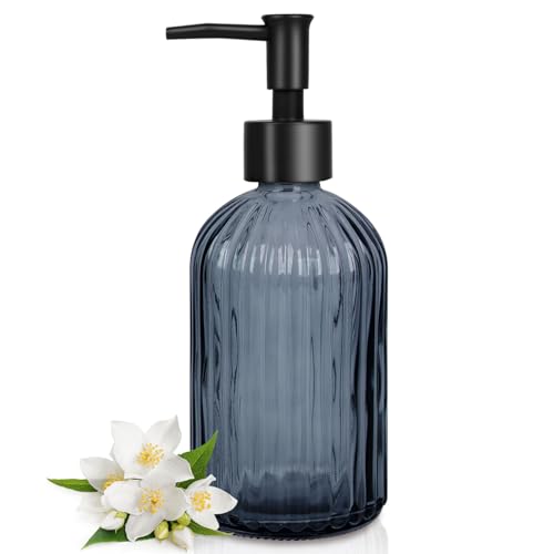 Stripe Glass Soap Dispenser with Black Plastic Pump (Plastic Pump / Grayish Blue)