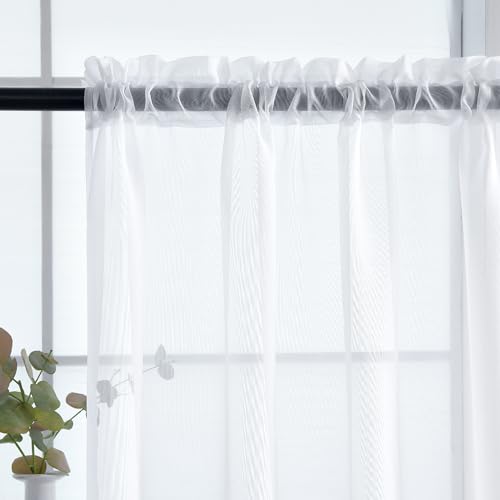 Solid Sheer Rod Pocket Curtain Voile Draperies 2 Panels White Beige Black Grey Coffee 38 Inch Width 45 Inch Long 1 Pair for Kitchen Bedroom Children Living Room Yard (White / 38"W x 45"L (Pack of 2))