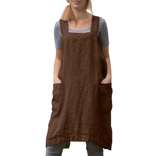 Women Apron with 2 Pockets Cotton Linen Kitchen Baking Cooking Chef Cross Back Pinafore Dress for Work Restaurant Gardening (Large / Brown)