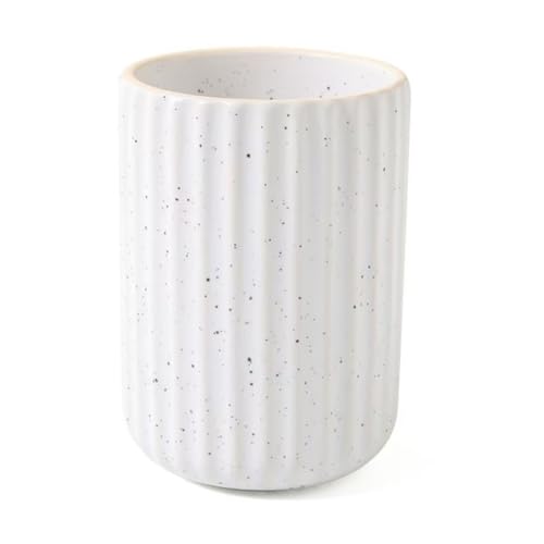 Stoneware Coffee Bar Utensil Holder Tea & Coffee Spoon & Stirrer Holder for Stir Stick Straw Teaspoon Holder Espresso Spoon Cup Small Utensil Jar Fluted Vertical Stripe (Speckled White)