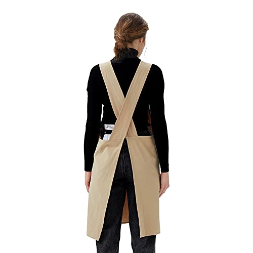 Cotton Linen Cross Back Aprons Solid Color Unisex Pinafore Vintage Apron Japanese Style with 2 Pockets for Kitchen Cooking Baking Painting Gardening Cleaning for Women Men (Beige)