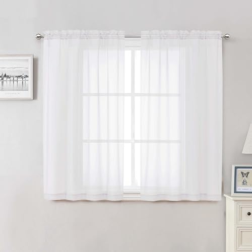 White Sheer Curtains 48 Inch Length 2 Pcs (White / 42"W x 48"L (Pack of 2))