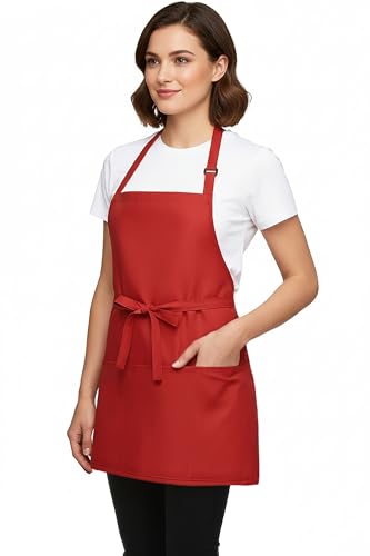 Kitchen Cooking Apron Unisex Adjustable chef apron with 3 pockets (01 Pack Red)