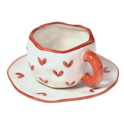 10oz Irregular Ceramic Mug With Saucer (Red Heart)