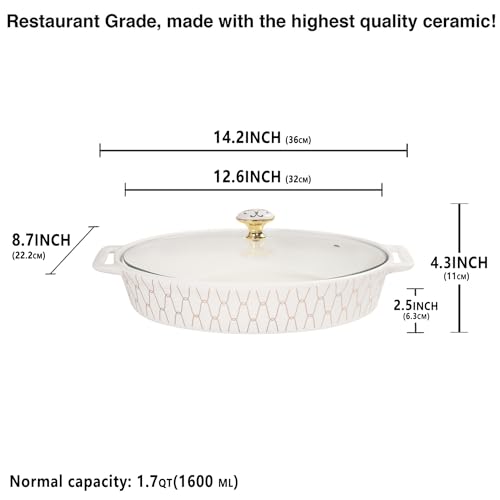 12" x 8" Ceramic Oval Casserole Dish with Glass Lid (White / 14.2 Inch(1.7 qt))
