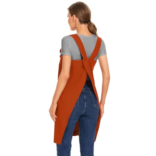 Women's Cotton Cross Back Apron Pinafore Dress with Big Pockets Loose Square Apron for Baking Cooking Gardening (Orange / Large)