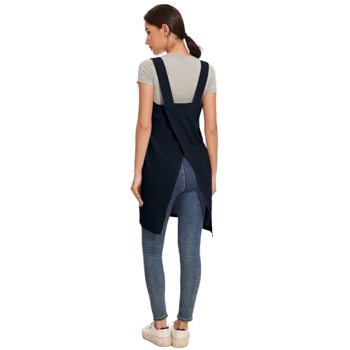 Women Apron with 2 Pockets Cotton Linen Kitchen Baking Cooking Chef Cross Back Pinafore Dress for Work Restaurant Gardening (X-Large / Tibetan Blue)