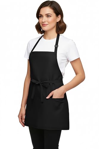 Kitchen Cooking Apron Unisex Adjustable chef apron with 3 pockets (01 Pack Black)