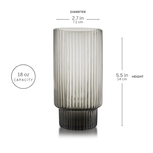 Qualia Carousel Gray Highball Glasses Set of 4 Ribbed Glass Cups 18 oz Fluted Cocktail Glasses Lead (Gray)