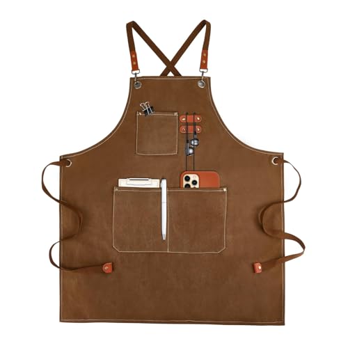 Cross Back Chef Aprons for Men Women with Pockets (Brown)