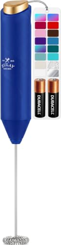 Powerful Milk Frother AA Batteries Included (Royal Blue and Gold / Compact Frother + Batteries)