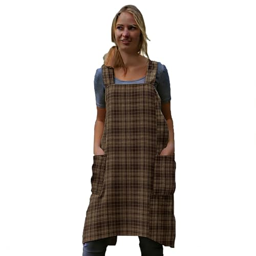 Women's Pinafore Square Apron Baking Cooking Gardening Works Cross Back Cotton (Small / Gingham-brown)