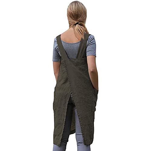 Women's Cross Back Pinafore Apron with Large Pockets Home Kitchen (X-Large / Army Green)