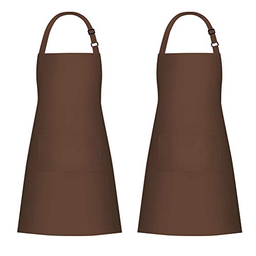 2 Pack Bib Aprons with 2 Pockets Cooking Chef Kitchen Apron for Women Men (Brown)