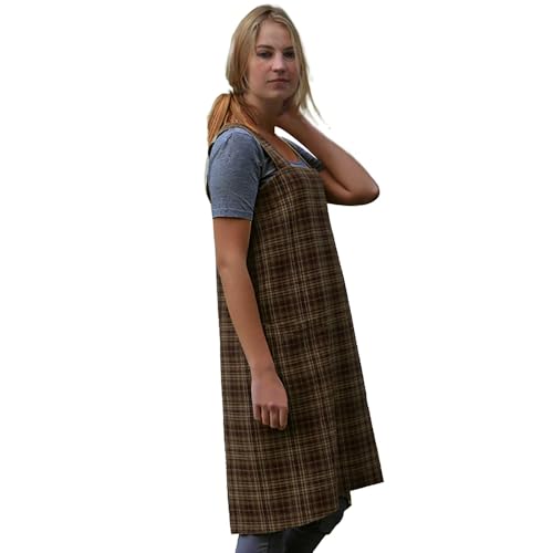 Women's Pinafore Square Apron Baking Cooking Gardening Works Cross Back Cotton (XX-Large / Gingham-brown)