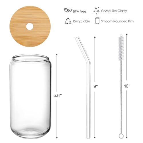 Drinking Glasses with Bamboo Lids and Glass Straw 4pcs Set