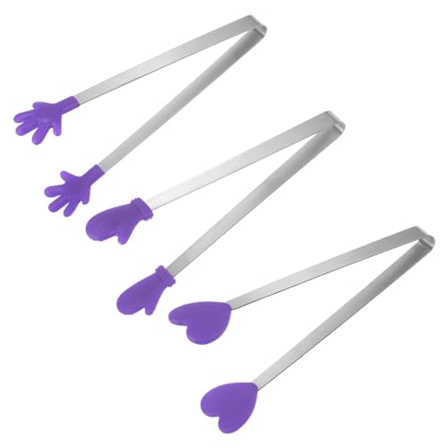 Mini Food Tongs 5.5" Pattern Shape Stainless Steel with Silicon Tips Small Cooking Tongs Kitchen Food Tongs Serving Tongs for Cooking Grilling BBQ Barbecue Kitchen (Purple)