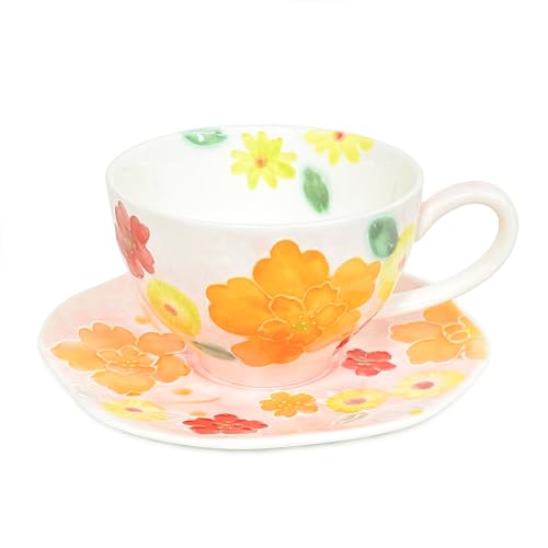 Flower Coffee Mug with Saucer Set Ceramic Tea Cup Flower Mugs for Women 8 oz (Orange Bulbous Orchids)