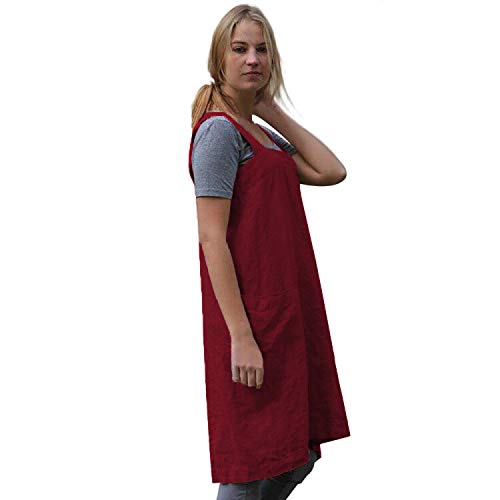 Women's Cross Back Pinafore Apron with Large Pockets Home Kitchen (Large / Wine Red)