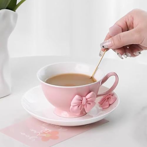 Bow Coffee Mugs Set with Saucer 200 ML Coquette Mug Porcelain Bow Cute Tea Cup Coffee for Women Girl (Purple Bow Coffee Mug)