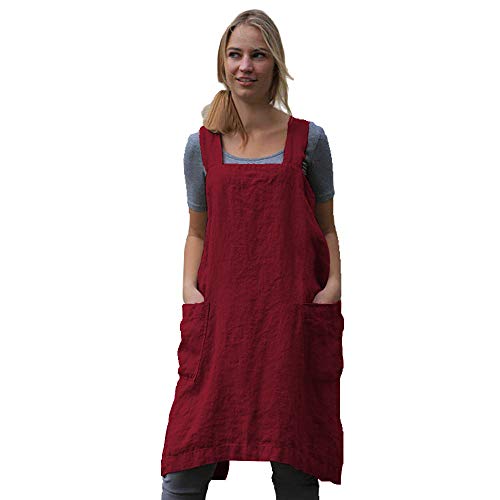 Women's Cross Back Pinafore Apron with Large Pockets Home Kitchen (X-Large / Wine Red)