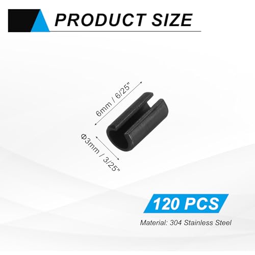 120Pcs Slotted Split Roll Pins 3 (3/25 Inch(3mm) Dia. 6/25 Inch(6mm) Length)