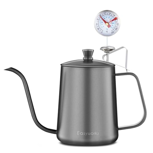 Gage Gooseneck Pour Over Coffee Kettle 20 oz with Thermometer Stainless Steel Hand Drip Coffee Pot With Long Narrow Spout (Black)
