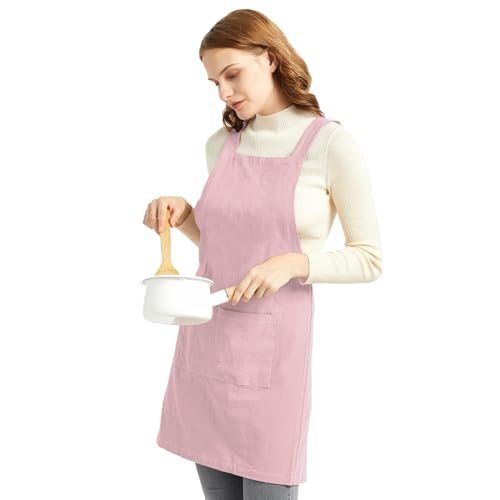 Aprons for Women with Pockets Unisex Comfort Cross Back No Tie Cotton Linen Apron Pinafore for Cooking Painting Floral Arrangement Gardening Cleaning Pink (Pink / Medium)