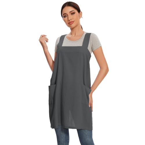 Women Apron with 2 Pockets Cotton Linen Kitchen Baking Cooking Chef Cross Back Pinafore Dress for Work Restaurant Gardening (Medium / Dark Grey)