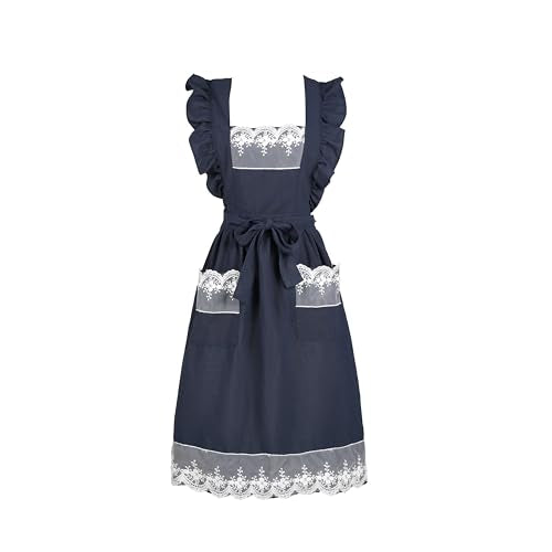 Vintage Aprons for Women with Pockets Cute Lace Ruffle Adjustable Apron for Cooking Kitchen Baking Gardening (Navy Blue)