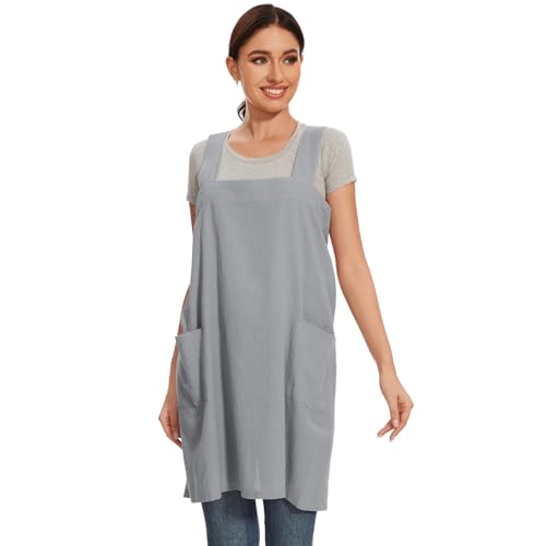 Women Apron with 2 Pockets Cotton Linen Kitchen Baking Cooking Chef Cross Back Pinafore Dress for Work Restaurant Gardening (Small / Light Grey)